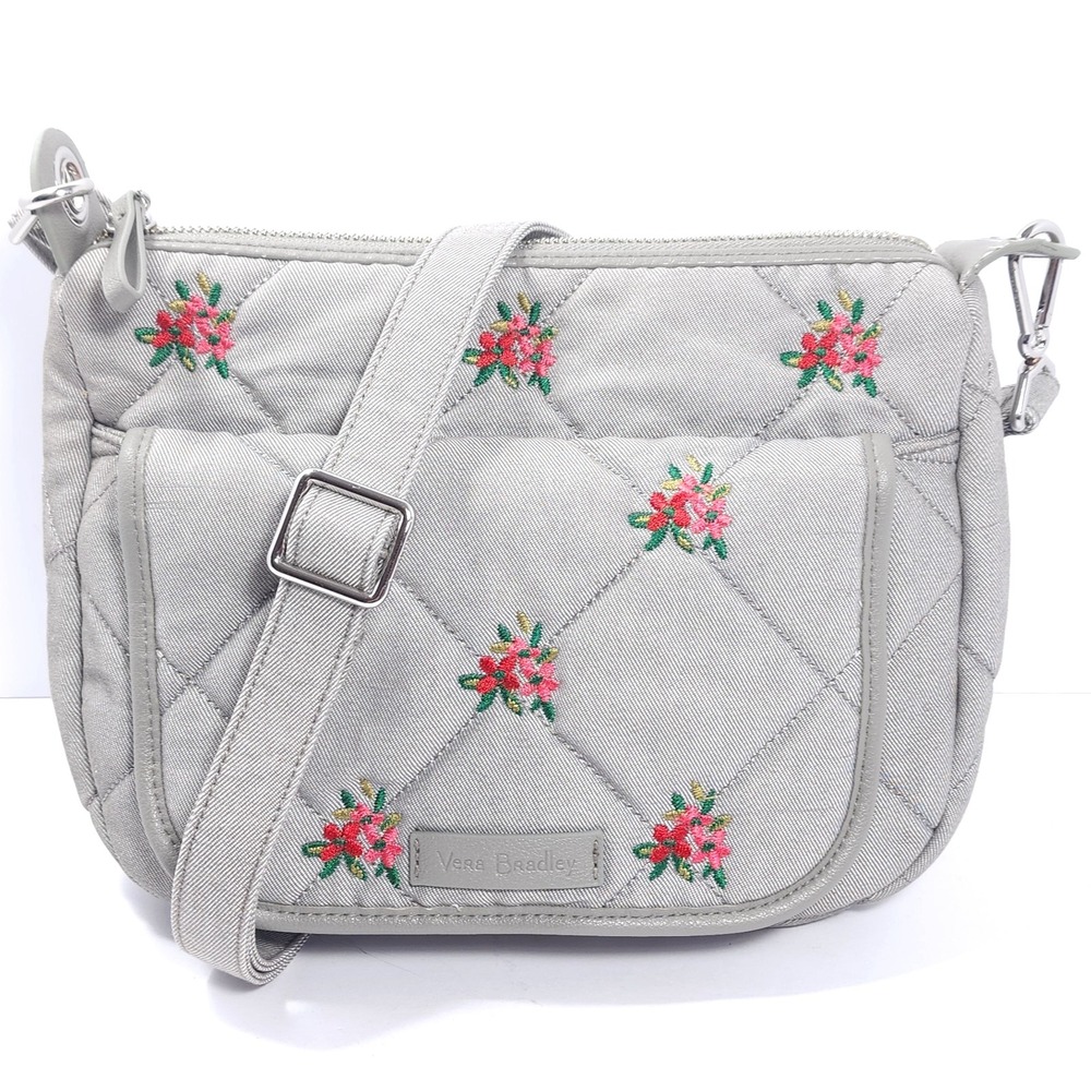 Vera Bradley Carson Hobo Small Crossbody Bag Quilted Denim Gray Floral Pattern